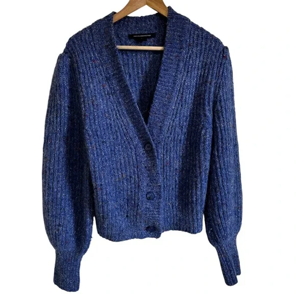 French Connection Knit Cardigan Sweater Puff Sleeve Blue L - Picture 1 of 7
